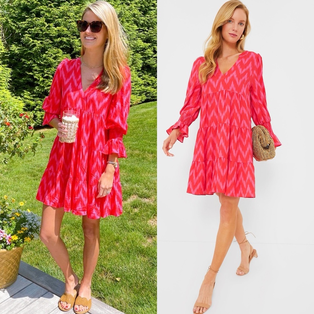 Tuckernuck Pomander Place Ikat Dress Hot Pink Tiered Shift Size XS V-Neck Boho